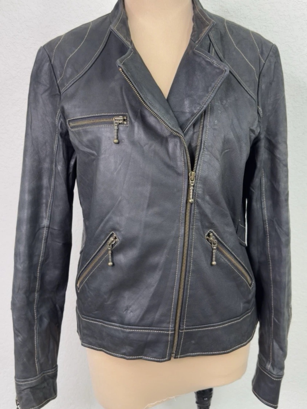Leather Distress Black Grey Moto Biker Jacket Women's M L